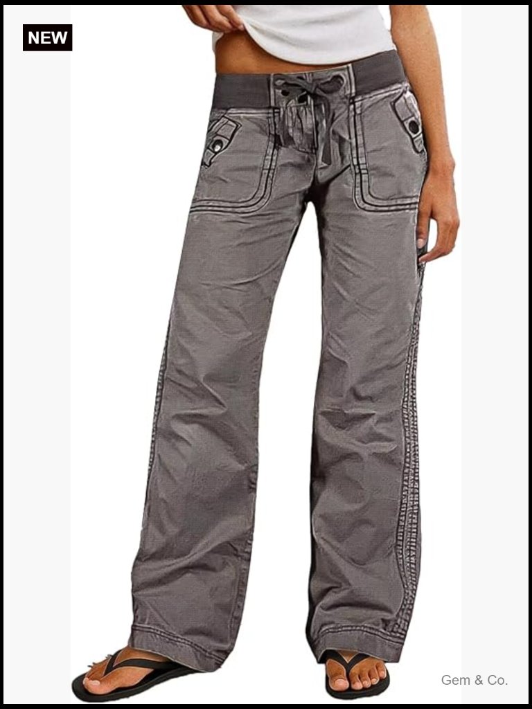Mid Rise Straight Leg Pants Drawstring Waist Casual Seam Detail